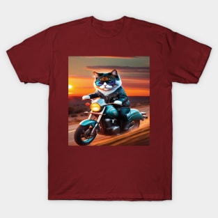 Cat with glasses riding a motorbike sunset T-Shirt